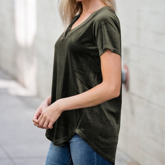 Olive Green Velvet V-neck Shortsleeve Top - Picture 3 of 3
